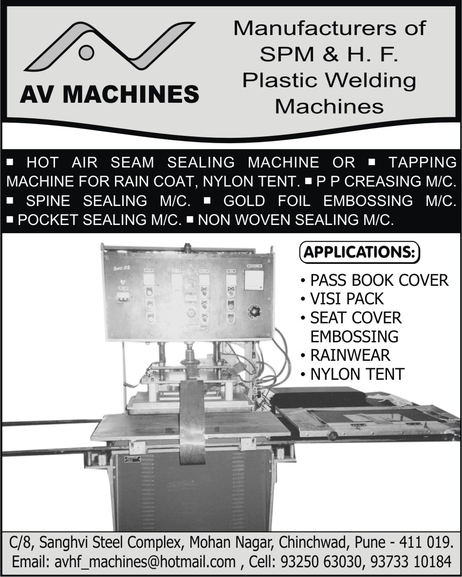 SPM Plastic Welding Machines, HF Plastic Welding Machines, Hot Air Seam Sealing Machines, PP Creasing Machines, Spine Sealing Machines, Gold Foil Embossing Machines, Pocket Sealing Machines, Non Woven Sealing Machines, Rain Coat Tapping Machines, Nylon Tent Tapping Machines, Special Purpose Plastic Welding Machines,Tapping Machines SPM Plastic Welding Machines, HF Plastic Welding Machines, Hot Air Seam Sealing Machines, PP Creasing Machines, Spine Sealing Machines, Gold Foil Embossing Machines, Pocket Sealing Machines, Non Woven Sealing Machines, Rain Coat Tapping Machines, Nylon Tent Tapping Machines, Special Purpose Plastic Welding Machines,Tapping Machines