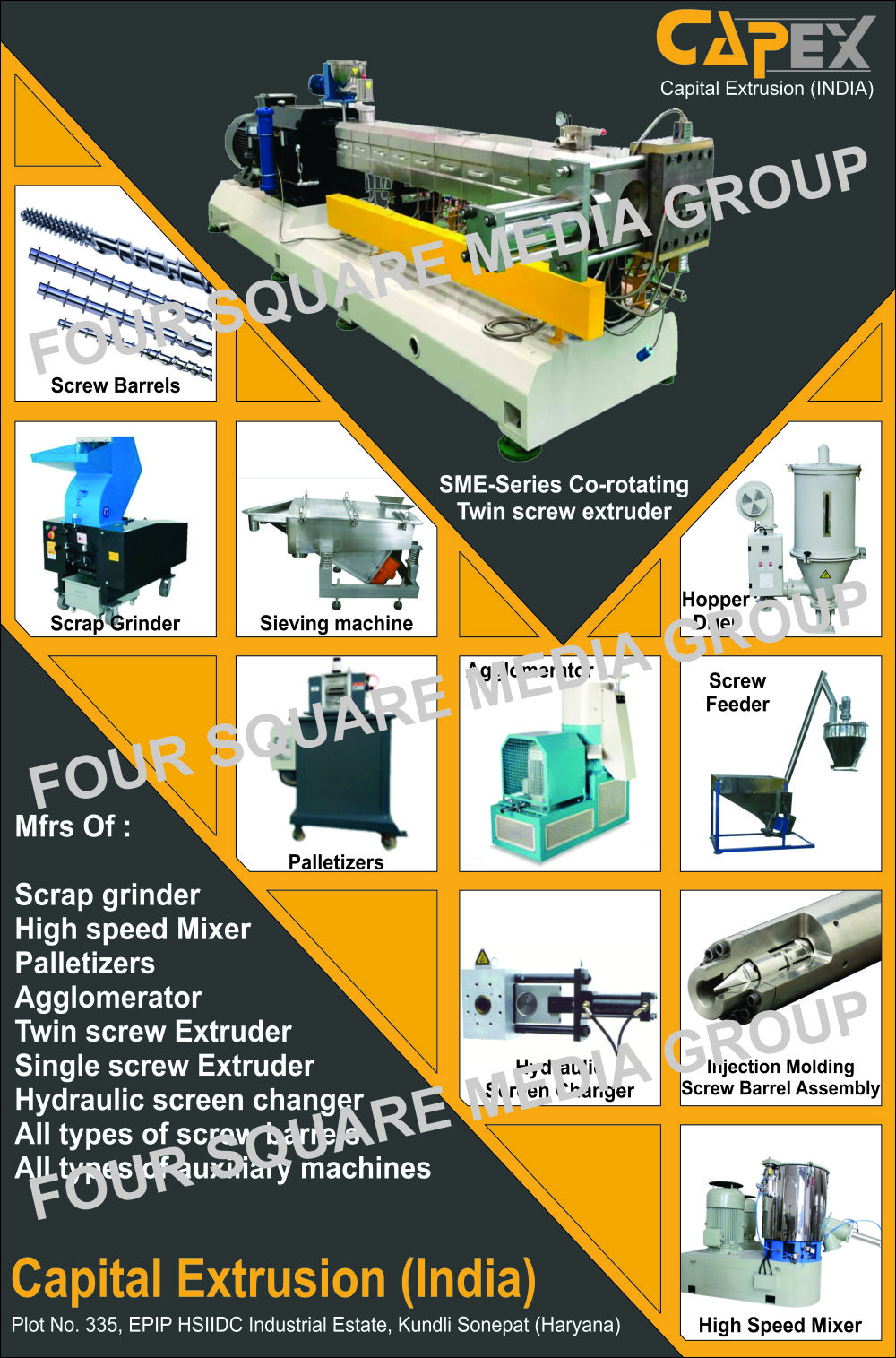 Single Screw Plastic Processing Lines, Co-rotating Twin Screw Extruders, Palletizers, Hydraulic Screen Changers, High Speed Mixers, Plastic Scrap Grinders, Screw Barrels, Plastic Machine Auxiliary Equipments, Single Screw Extruders, Agglomerator Machines, SME Twin Screw Extruders, Plastic Scrap Grinding Machines, Extrusion Plant Screws, Extrusion Plant Barrels, High Speed Mixers, Injection Moulding Assembly, Injection Moulding Assemblies, Cantiliver Type Palletizers, Plastic Granules, Online Scrap Grinders, Auxiliary Machines Single Screw Plastic Processing Lines, Co-rotating Twin Screw Extruders, Palletizers, Hydraulic Screen Changers, High Speed Mixers, Plastic Scrap Grinders, Screw Barrels, Plastic Machine Auxiliary Equipments, Single Screw Extruders, Agglomerator Machines, SME Twin Screw Extruders, Plastic Scrap Grinding Machines, Extrusion Plant Screws, Extrusion Plant Barrels, High Speed Mixers, Injection Moulding Assembly, Injection Moulding Assemblies, Cantiliver Type Palletizers, Plastic Granules, Online Scrap Grinders, Auxiliary Machines