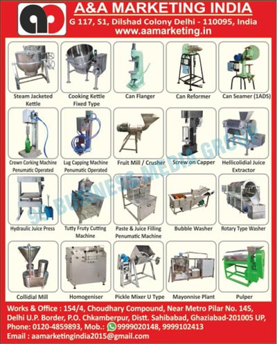 Filler Machines, Sealing Machines, Mill Machines, Juice Extractors, Vegetable Washers, Tomato Processing Plants, Amla Juice Extractors, Multi Functional Vegetable Cutters, Electric Kettles, Crown Corking Machines, Pneumatic Lug Cap Sealers, Colloidal Mill Homogenizes, Homogenizer Machines, Pickle Mixers, Pulper Machines, Vacuum Dehydrators, Dicers, Cubers, Cooking Kettles, Glass Fillers, PET Fillers, Can Fillers, Flangers, PP Cap Sealers, Pickle Fillers, Paste Fillers, Fruit Washers, Rotary Drum Washers, Infeed Conveyors, Blancers, Dehydrator Trays, Pouch Fillings, Pouch Sealers, Cooking Kettles, Mayonniase Plants, Steam Jacketed Kettles, Fixed Type Cooking Kettles, Can Flangers, Can Reformers, Can Seamers, Penumatic Operated Crown Corking Machines, Penumatic Operated Lug Capping Machines, Fruit Crushers, Screw Cappers, Hellicolidial Juice Extractors, Hydraulic Juice Press Machines, Tutty Fruty Cutting Machines, Paste Filling Penumatic Machines, Juice Filling Penumatic Machines, Bubble Washers, Rotary Type Washers, Collidial Mill Machines, U-Type Pickle Mixers, Tomato Jelly Plants, Jam Jelly Plants, Multifunctional Vegetable Cutter Machines, Electric Operated Dryer Trays, Glass HPE Bottle Vacuum Filling Machines, Tutty Fruty Plants, Food Processing Machines, Pulp Making Machines, Vegetable Cutters, Fruit Cutters, Steam Jacket Kettles, Seamer Machines