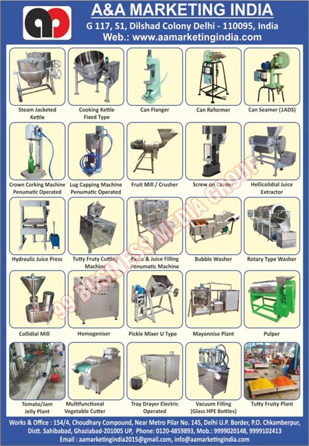 Filler Machines, Sealing Machines, Mill Machines, Juice Extractors, Vegetable Washers, Tomato Processing Plants, Amla Juice Extractors, Multi Functional Vegetable Cutters, Electric Kettles, Crown Corking Machines, Pneumatic Lug Cap Sealers, Colloidal Mill Homogenizes, Homogenizer Machines, Pickle Mixers, Pulper Machines, Vacuum Dehydrators, Dicers, Cubers, Cooking Kettles, Glass Fillers, PET Fillers, Can Fillers, Flangers, PP Cap Sealers, Pickle Fillers, Paste Fillers, Fruit Washers, Rotary Drum Washers, Infeed Conveyors, Blancers, Dehydrator Trays, Pouch Fillings, Pouch Sealers, Cooking Kettles, Mayonniase Plants, Steam Jacketed Kettles, Fixed Type Cooking Kettles, Can Flangers, Can Reformers, Can Seamers, Penumatic Operated Crown Corking Machines, Penumatic Operated Lug Capping Machines, Fruit Crushers, Screw Cappers, Hellicolidial Juice Extractors, Hydraulic Juice Press Machines, Tutty Fruty Cutting Machines, Paste Filling Penumatic Machines, Juice Filling Penumatic Machines, Bubble Washers, Rotary Type Washers, Collidial Mill Machines, U-Type Pickle Mixers, Tomato Jelly Plants, Jam Jelly Plants, Multifunctional Vegetable Cutter Machines, Electric Operated Dryer Trays, Glass HPE Bottle Vacuum Filling Machines, Tutty Fruty Plants