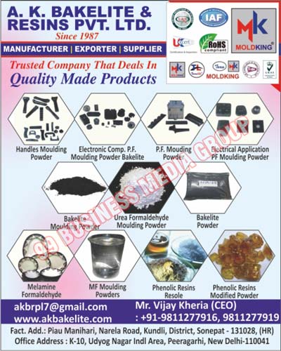 Phenolic Moulding Compounds, Powder Dough Moulding Compounds, Sheet Moulding Coumpounds, Phenolic Resins, UF Moulding Compounds, MF Moulding Compounds, Handles Moulding Powders, Electronic Compound PF Moulding Powder Bakelites, P.F. Moulding Powders, Electrical Application PF Moulding Powders, Bakelite Moulding Powders, Bakelite Powders, Urea Formaldehyde Moulding Powders, Melamine Formaldehydes, MF Moulding Powders, Phenolic Resins Resoles, Phenolic Resins Modified Powders