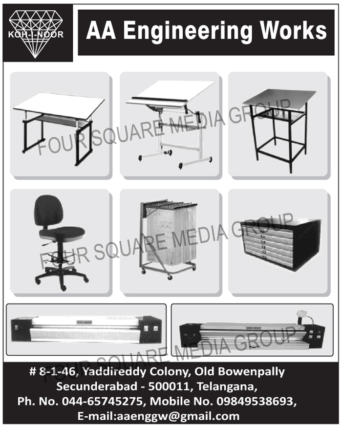 Drawing Office Equipments, Drafting Tables, Drafting Stands, Ammonia Printing Machines, Lateral Filing Cabinets, Drawing Hangers