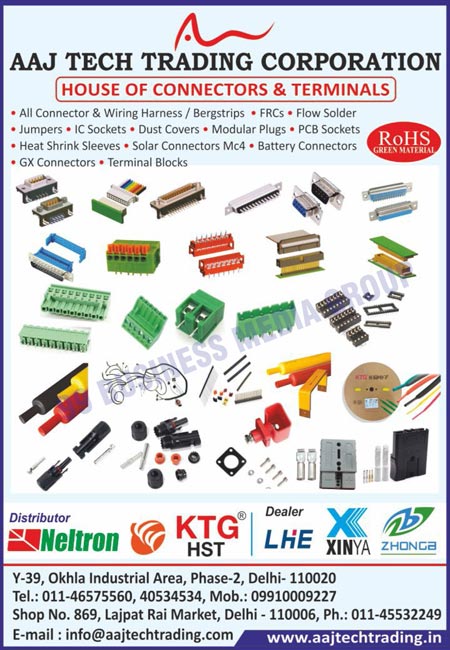 Connectors, Terminals, Connector Harnesses, Wiring Harnesses, Berg Strips, Crimp Connector CPU, R/M TVS Connectors, FRC Connectors, Flow Solder Connectors, D Sub Connectors, Jumper Connectors, IC Sockets, Dust Cover Connectors, Modular Plugs, PCB Sockets, Heat Shrink Sleeves, Solar Connectors Mc4, Battery Connectors, GX Connectors, Terminal Blocks