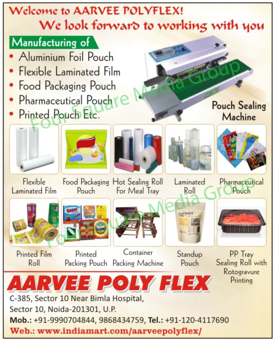 Aluminium Foil Pouches, Flexible Laminated Films, Food Packaging Pouches, Pharmaceutical Pouches, Printed Pouches, Hot Sealing Rolls, Meal Trays, Laminated Rolls, Pouch Sealing Machines, Printed Film Rolls, Printed Packaging Pouches, Container Packaging Machines, Standup Pouches, PP Tray Sealing Rolls