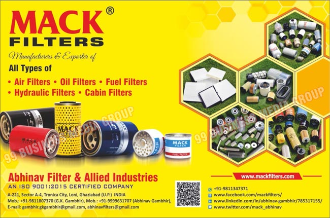 Air Filters, Oil Filters, Fuel Filters, Hydraulic Filters, Cabin Filters, Automotive Filters