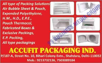 Packing Solutions, Packagings, Air Bubble Sheet Packings, Air Bubble Pouch Packings, Expended Polyethylene Packings, H.M. Packings, H.D. Packings, E.P.E. Packings, Pouch Thermocol Packings, Fabricated Boxes, Exclusive Packagings, E.P. Packings