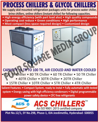 Process Chillers, Glycol Chillers, Air Cooled Chillers, Water Cooled Chillers, Process Water Chiller Skid Mounted Refrigeration Packages Units, Brine Chiller Skid Mounted Refrigeration Packages Units, Online Chiller Skid Mounted Refrigeration Packages Units, Instant Chiller Skid Mounted Refrigeration Packages Units