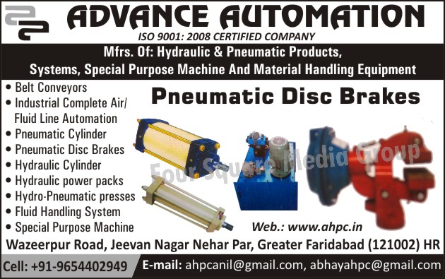 Hydraulic Products, Pneumatic Products, Special Purpose Machines, SPM, Material Handling Equipments, Pneumatic Disc Brakes, Belt Conveyors, Pneumatic Cylinders, Hydraulic Cylinders, Hydraulic Power Packs, Hydro Pneumatic Presses, Fluid Handling Systems, Industrial Air Line Automation, Industrial Fluid Line Automation