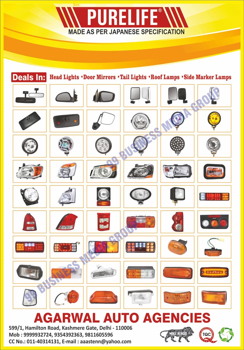 Head Lights, Door Mirrors, Tail Lights, Roof Lamps, Side Marker Lamps