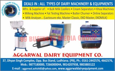 Dairy Equipments, Machinery Equipments, Bulk Milk Coolers, Cream Separators, Khoa Machines, Milking Machines, Fat Testing Machines, Butter Churners, Online Separators, Milk Analyser, Lactosure Eko, Master Classic, Eko Master, Eko Milk