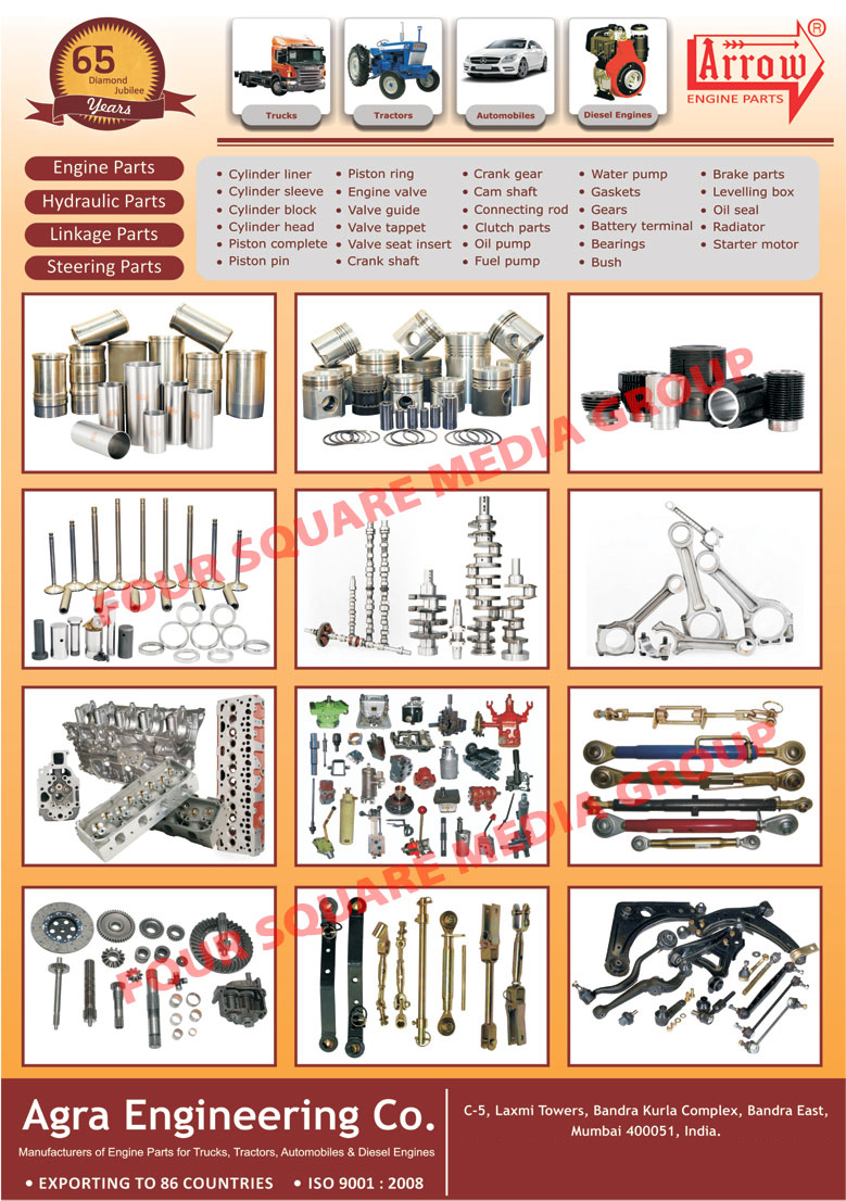 Truck Engine Parts, Tractor Engine Parts, Automobile Engine Parts, Diesel Engine Parts, Cylinder Liners, Cylinder Sleeves, Cylinder Blocks, Cylinder Heads, Piston Pins, Piston Completes, Piston Rings, Engine Valves, Valve Guides, Valve Tappets, Valve Seat Inserts, Crank Shafts, Crank Gears, Cam Shafts, Connecting Rods, Clutch Parts, Oil Pumps, Fuel Pumps, Water Pumps, Gaskets, Gears, Bearings, Battery Terminals, Bush, Brake Parts, Levelling Box, Oil Seals, Radiators, Starter Motors, Steering Parts, Automotive Engine Parts, Automotive Hydraulic Parts, Linkage Parts,Engine Parts, Levelling Ox