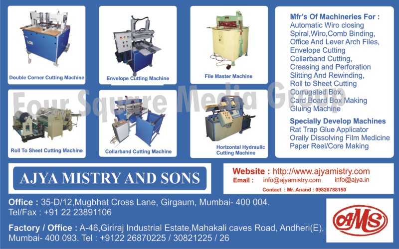 Double Corner Cutting Machine, Envelope Cutting Machines, File Master Machines, Roll to Sheet Cutting Machines, Collar Band Cutting Machines, Horizontal Hydraulic Cutting Machines