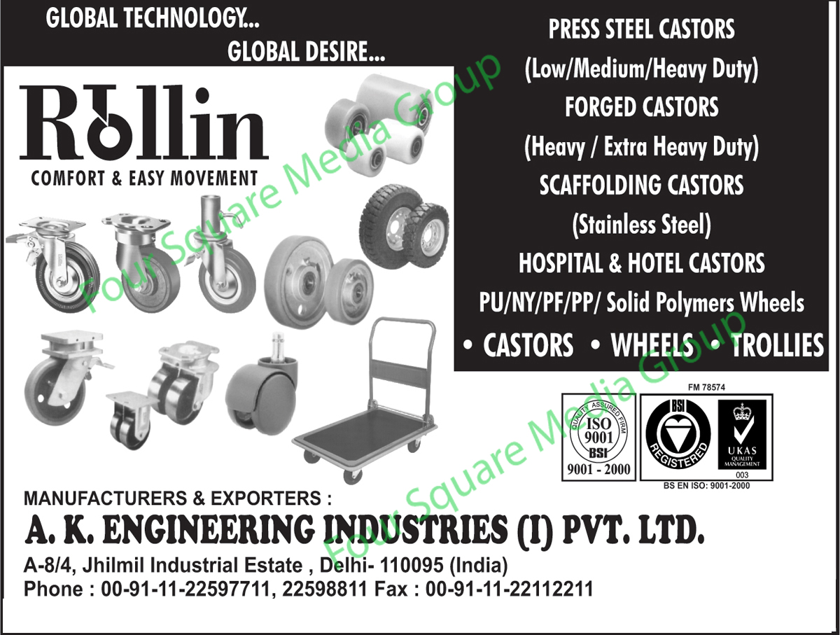 Press Steel Castors, Forged Castors, Scaffolding Castors, Hotel Castors, Hospital Castors, Trollies, Wheels, Castors, Polymer Wheels