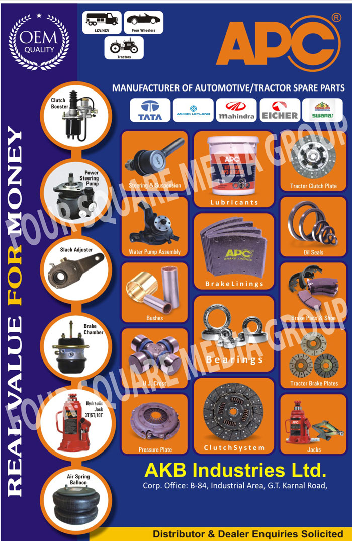 Automotive Spare Parts, Tractor Spare Parts, Clutch Boosters, Power Steering Pumps, Slack Adjusters, Brake Chambers, Hydraulic Jacks, Turbo Cores, Air Spring Baloons, Tractor Clutch Plates, Pressure Plates, Brake Pads, Brake Shoes, Clutch Systems, Flywheel Assembly, Tractor Brake Plates, Oil Seals, Flywheel Ring Gears, Brake Linings, Automotive Jacks, Steering Worms, UJ Cross, Universal Joint Crosses, Lubricants, Bushes, Automotive Bearings, Water Pump Assembly, Brass Rings, Carbon Rings, Steering Components, Suspension Components