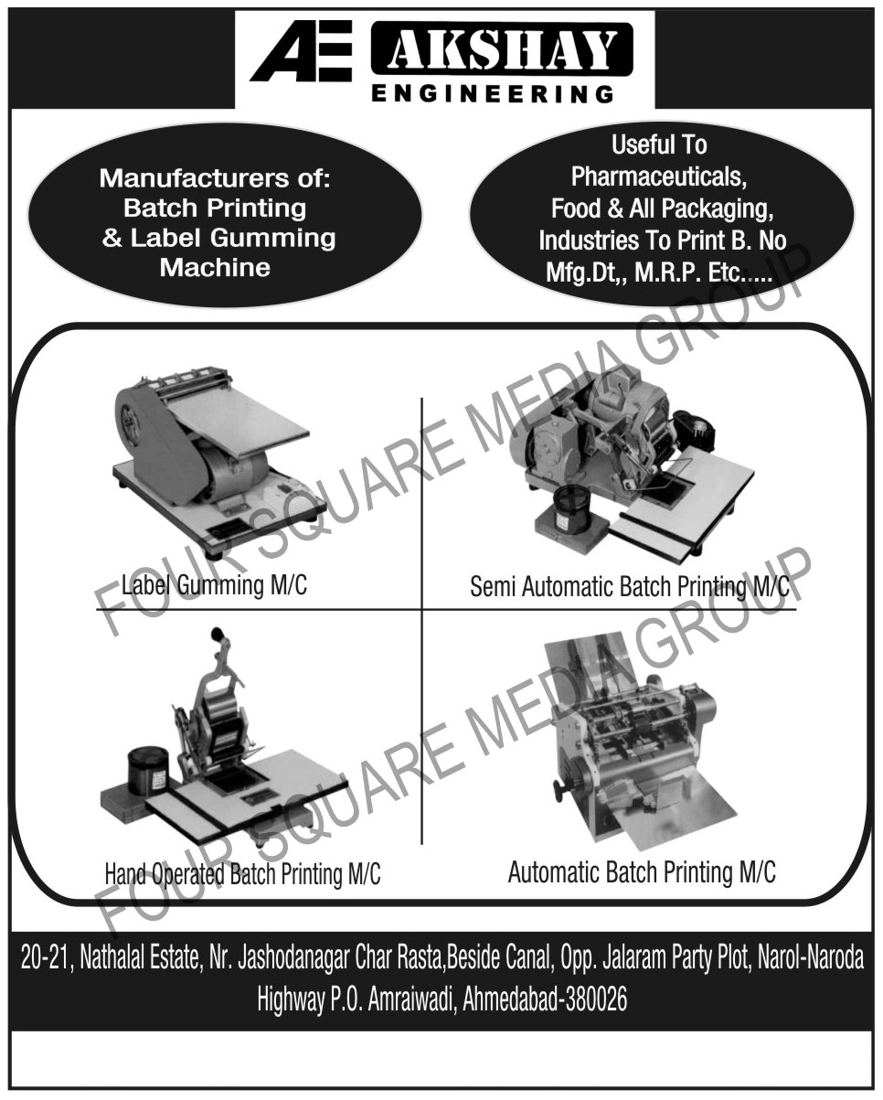 Label Gumming Machines, Semi Automatic Batch Printing Machines, Automatic Batch Printing Machines, Hand Operated Batch Printing Machines