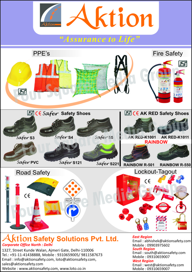 Safety Jackets, Safety Shoes, Fire Safety Equipments, Road Safety Products, Road Safety Cones, Spring Posts, Speed Bumps, Safety Helmets, Safety Belts, Safety Nets, Personal Protective Equipments, Lockouts, Tagouts, Safety Products, Fire Safety Products, Fire Extinguishers