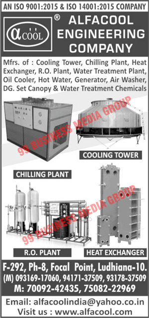 Cooling Towers, Chilling Plants, Heat Exchangers, RO Plants, Water Treatment Plants, Oil Coolers, Hot Waters, Generators, Air Washers, DG Set Canopies, Water Treatment Chemicals