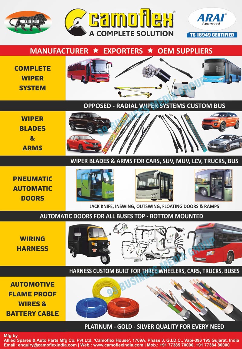 Passenger Car Wiper Systems, Wiper Blades, Wiper Arms, Wiper Motors, Wiper Linkages, Washer Systems, Automotive Wiper System, SUV Wiper Systems, Mini Trucks Wiper Systems, Buses Wiper Systems, Construction Equipments Wiper Systems, Trucks Wiper Systems, Multi Axel Trucks Wiper Systems, Earthmovers Wiper Systems, Earth Movers Wiper Systems, Wiper Accessories, Wiper Wheel Boxes, Battery Cables, Automotive Flame Proof Wires, Wiring Harness, Pneumatic Automatic Doors, Car Wiper Blades, SUV Wiper Blades, MUV Wiper Blades, LCV Wiper Blades, Trucks Wiper Blades, Bus Wiper Blades, Car Wiper Arms, SUV Wiper Arms, MUV Wiper Arms, LCV Wiper Arms, Trucks Wiper Arms, Bus Wiper Arms, Three Wheeler Wiring Harness, Cars Wiring Harness, Trucks Wiring Harness, Buses Wiring Harness, Jack Knife Pneumatic Automatic Doors, Inswing Pneumatic Automatic Doors, Outswing Pneumatic Automatic Doors, Floating Doors, Ramps, Buses Automatic Doors, Automatic Doors, Automotive Flame Proof Battery Cables, Platinum Wires, Gold Wires, Silver Wires, Platinum Battery Cables, Gold Battery Cables, Silver Battery Cables, Three Wheeler Wirning Harnesses, Car Wirning Harnesses, Truck Wirning Harnesses, Bus Wirning Harnesses, Automatic Bus Doors, Automatic Jack Knife Bus Doors, Automatic Inswing Bus Doors, Automatic Outswing Bus Doors, Automatic Floating Bus  Doors, Automatic Jack Knife Bus Ramps, Automatic Inswing Bus Ramps, Automatic Outswing Bus Ramps, Automatic Floating Bus Ramps, Radial Wiper Systems