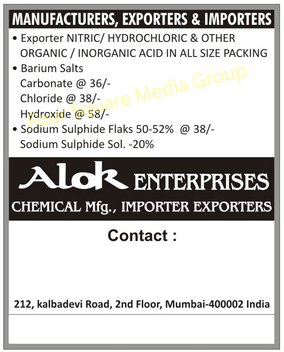 Nitric Acids, Hydrochloric Acids, Sulphuric Acids, Water Treatment Chemicals, Siron Free Sodium Sulphide Flakes, Barium Salts,Acids, Calcium Salts, Water Treatment Salts, Sodium Salts, Carbonate, Nitrate, Hydroxide, Organic Acids, Inorganic Acids, Sodium Hydro Sulphide Nahs Flakes