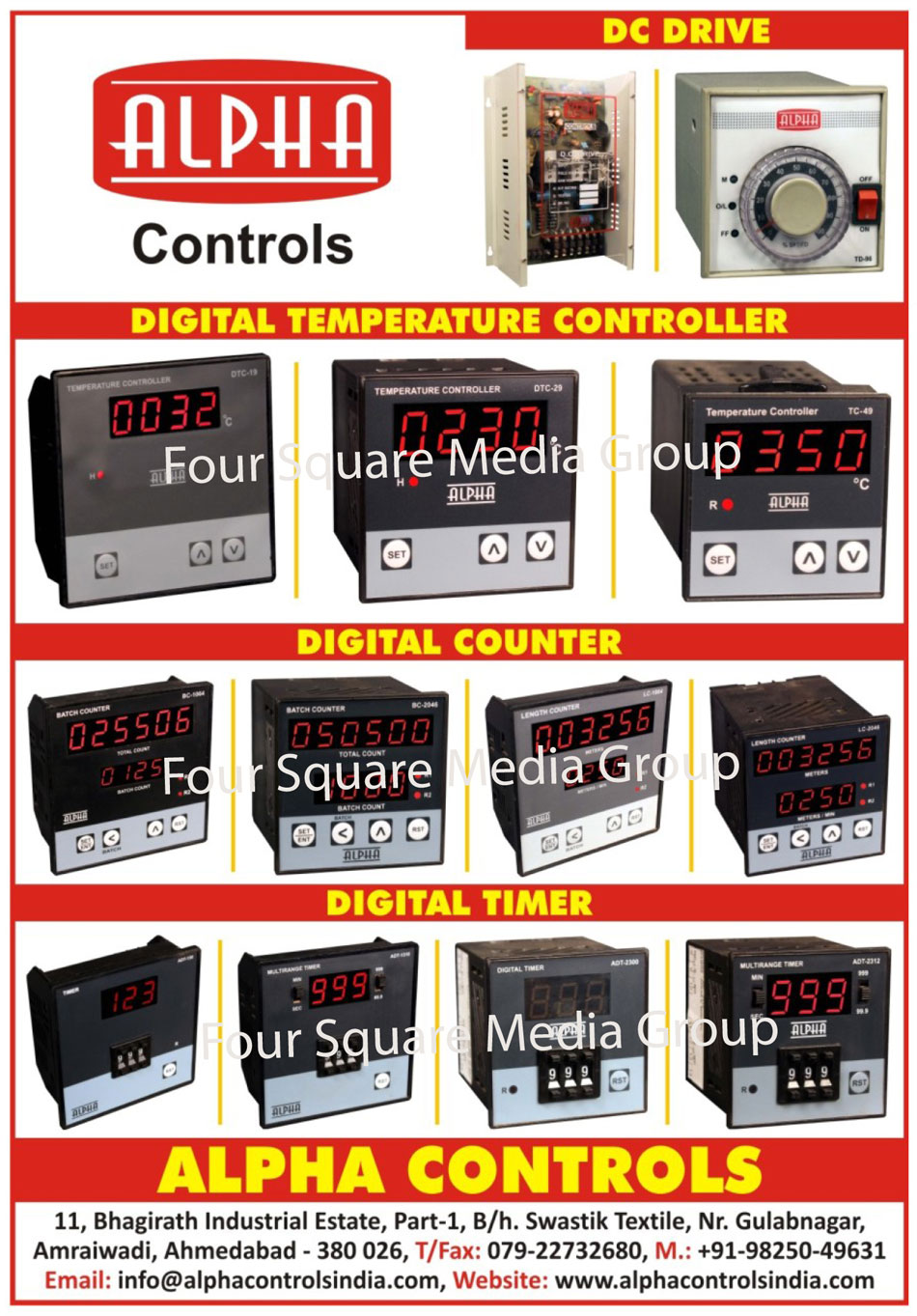 DC Drivers, Digital Temperature Controllers, Digital Counters, Digital Timers, DC Drives