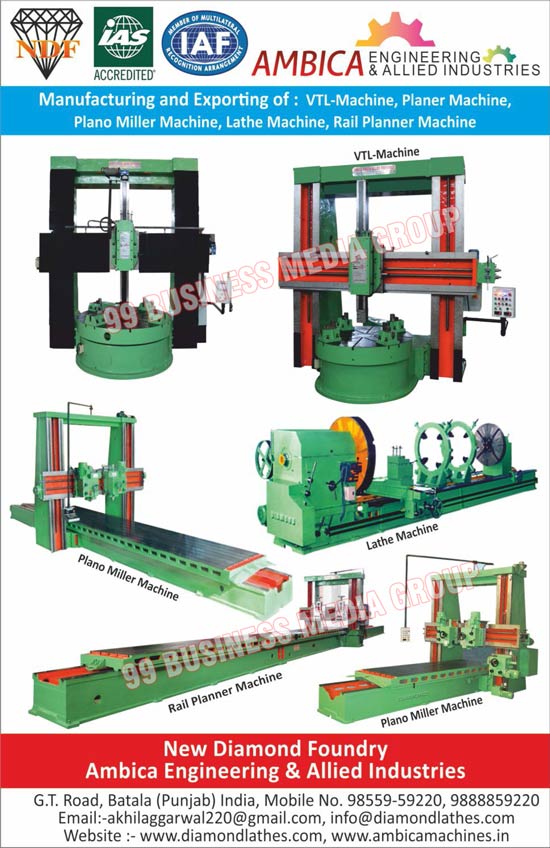 VTL-Machines, Planer Machines, Plano Miller Machines, Lathe Machines, Rail Planner Machines