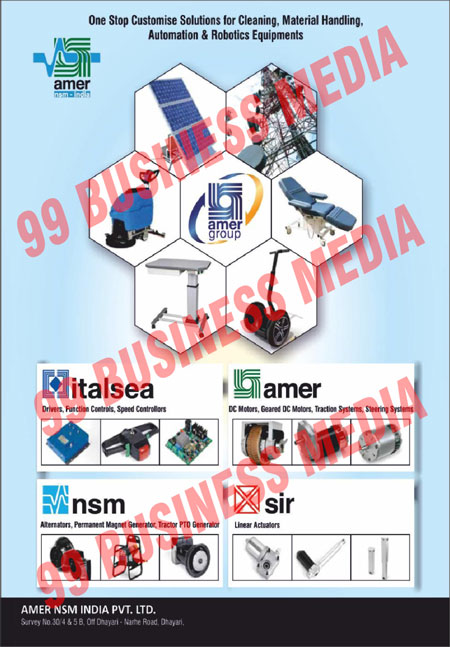 Frequency Converter Generators, Generators, Tubular Linear Actuators, DC Generators, NSM Permanent Magnet Generators, Generator Alternators,  BLDC DC Motors,  NSM Three Phase Alternators, Dc Gear Motors, Linear Actuators, Lifting Column Actuators, Traction Systems, Tractor PTO Alternators, Geared Motors, Single Phase Alternators, AC Welding Generators, DC Welding Generators