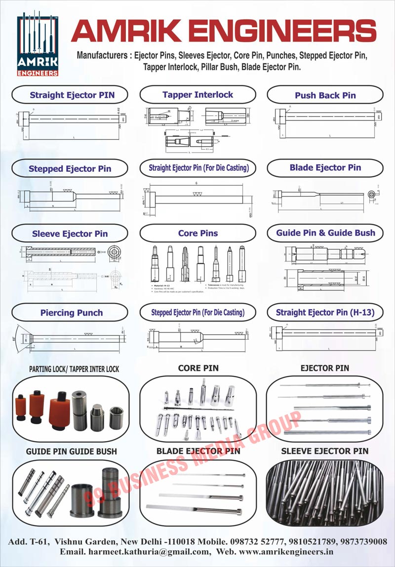 Ejector Pins, Ejector Sleeves, Core Pins, Punches, Stepped Ejector Pins, Blade Ejector Pins, Pillar Bushes, Plastic Mould Ejector Pins, Die Castings Ejector Pins, Step Sleeve Ejector Pins, Sleeve Ejector Pins, Straight Ejector Pins, Piercing Punches, Guide Pins, Guide Bushes, Die Springs, Tapper Interlocks, Engineering Components, Push Back Pins, Parting Locks, Ejector Pins, Die Casting Straight Ejector Pins, Die Casting Stepped Ejector Pins, Push Back Pins, Piercing Punches, Core Pins, Core Inserts, Guide Pins, Guide Bushes, Tapper Interlocks, Parting Locks, Tapper Inter Locks