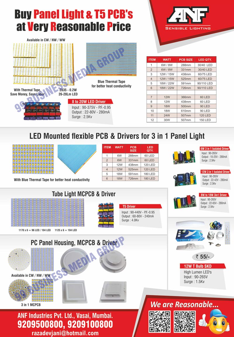 Thermal Tapes, Led Mounted Flexible PCBs, Panel Lights, Tube Light MCPCBs, PC Panel Housings, MCPCBs, Led Drivers