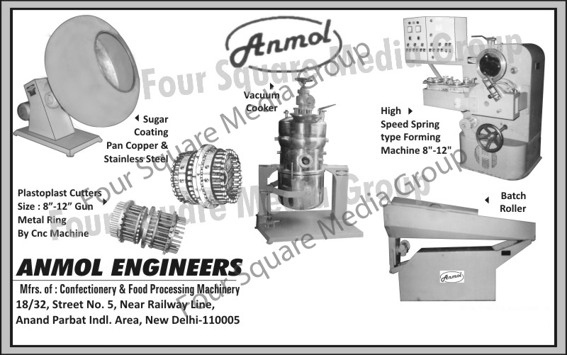 Vacuum Cookers, High Speed Spring Type Forming Machines, Batch Rollers, Plasto plast Cutters, Copper Sugar Coating Pan, Stainless Steel Sugar Coating Pan