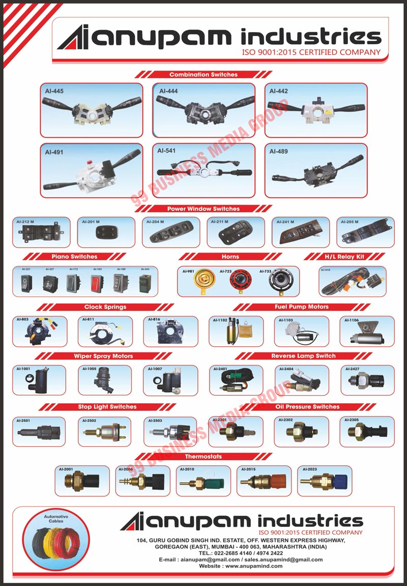 Automotive Electrical Parts, Automotive Electrical Products, Automotive Electrical Items, Automotive Electrical Switches, Automotive Combination Switches, Automotive Rocker Switches, Automotive Horns, Automotive H/L Relay Kits, Automotive Piano Switches, Automotive Power Window Switches, Automotive Cables, Automotive Combination Switches, Automotive Clock Springs, Automotive Fuel Pump Motors, Automotive Wiper Spray Motors, Automotive River Lamp Switches, Automotive Stop Light Switches, Automotive Oil Pressure Switches, Automotive Thermostats