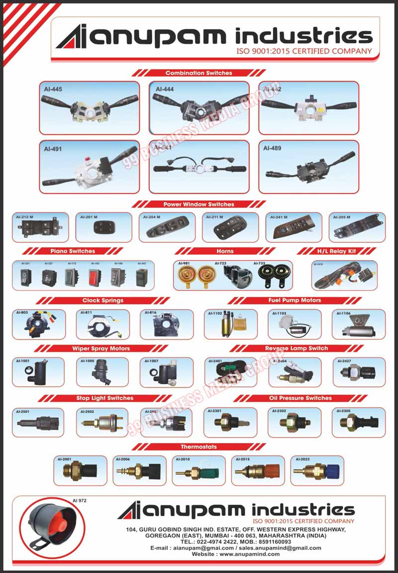 Automotive Electrical Parts, Automotive Electrical Products, Automotive Electrical Items, Automotive Electrical Switches, Combination Switches, Rocker Switches, Automotive Horns, Head Lamp Relay Kits, Power Window Switches, Automotive Cables, Clock Springs, Fuel Pump Motors, Wiper Spray Motors, Reverse Lamp Switches, Stop Light Switches, Oil Pressure Switches, Automotive Thermostats, Automotive Switches, Piano Switches