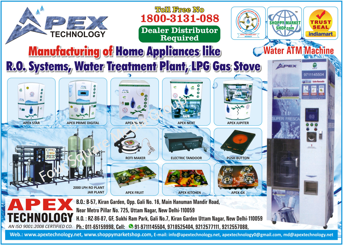 Water ATM Machines, Home Appliances, RO Systems, Water Treatment Plant, LPG Gas Stoves, Reverse Osmosis Systems, Roti Maker, Electric Tandoor, Induction Cooktops, Induction Cook Tops