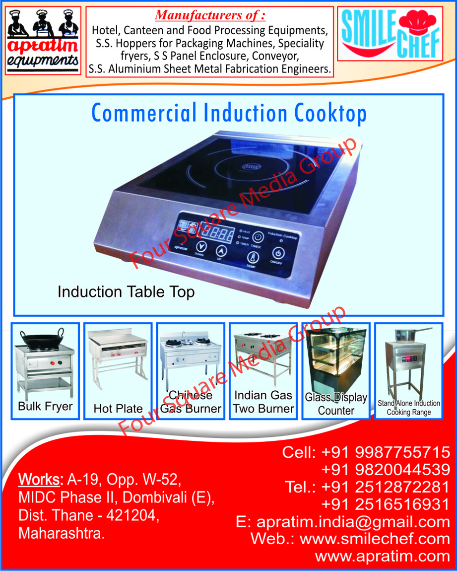 Food Processing Equipments, Cooking Equipments, Food Preparation Equipments, Fast Food Equipments, Pickup Services Equipments, Ware Washing Equipments, Idli Steamers, Potato Perlers, Mincers, Dish Racks, LPG Accessories, Hot Plate, Bulk Fryer, Chinese Gas Burner, Indian Gas Two Burner, Glass Display Counter, Commercial Induction Cooktop