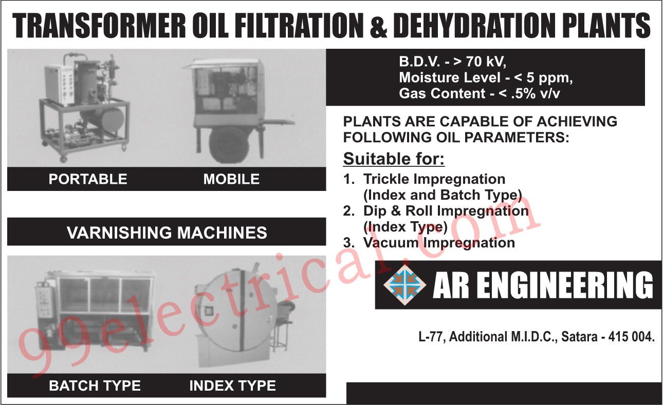 Transformer Oil Filteration Plant, Transformer Oil Dehydration Plant, Portable Transformation Oil Filteration Plant, Mobile Transformer Oil Filteration Plants, Portable Transformer Dehudration Plants, Mobile Transformer Dehydration Plants, Batch Type Varnishing Machines, Index Type Varnishing Machines,Electrical Machines, Oil Dehydration Plants, Varnishing Machines, Industrial Oil Purification Systems, Vaccum Impregnation Plants, Pressure Impregnation Plants, Trickle Impregnation Technique, Transformer Oil Filtration