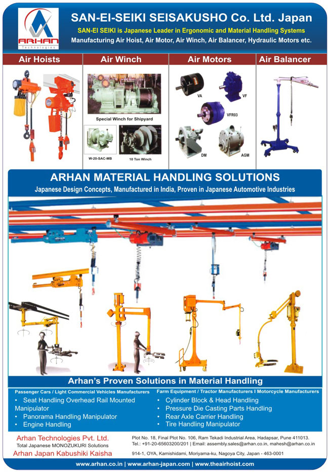 Material Handling Systems, Air Hoist, Air Motors, Air Winch, Air Balancer, Seat Handling Overhead Rail Mounted Manipulator, Panorama Handling Manipulators, Engine Handling, Cylinder Blocks, Head Handling, Pressure Die Casting Part Handling, Rear Axle Carrier Handling, Tire Handling Manipulators