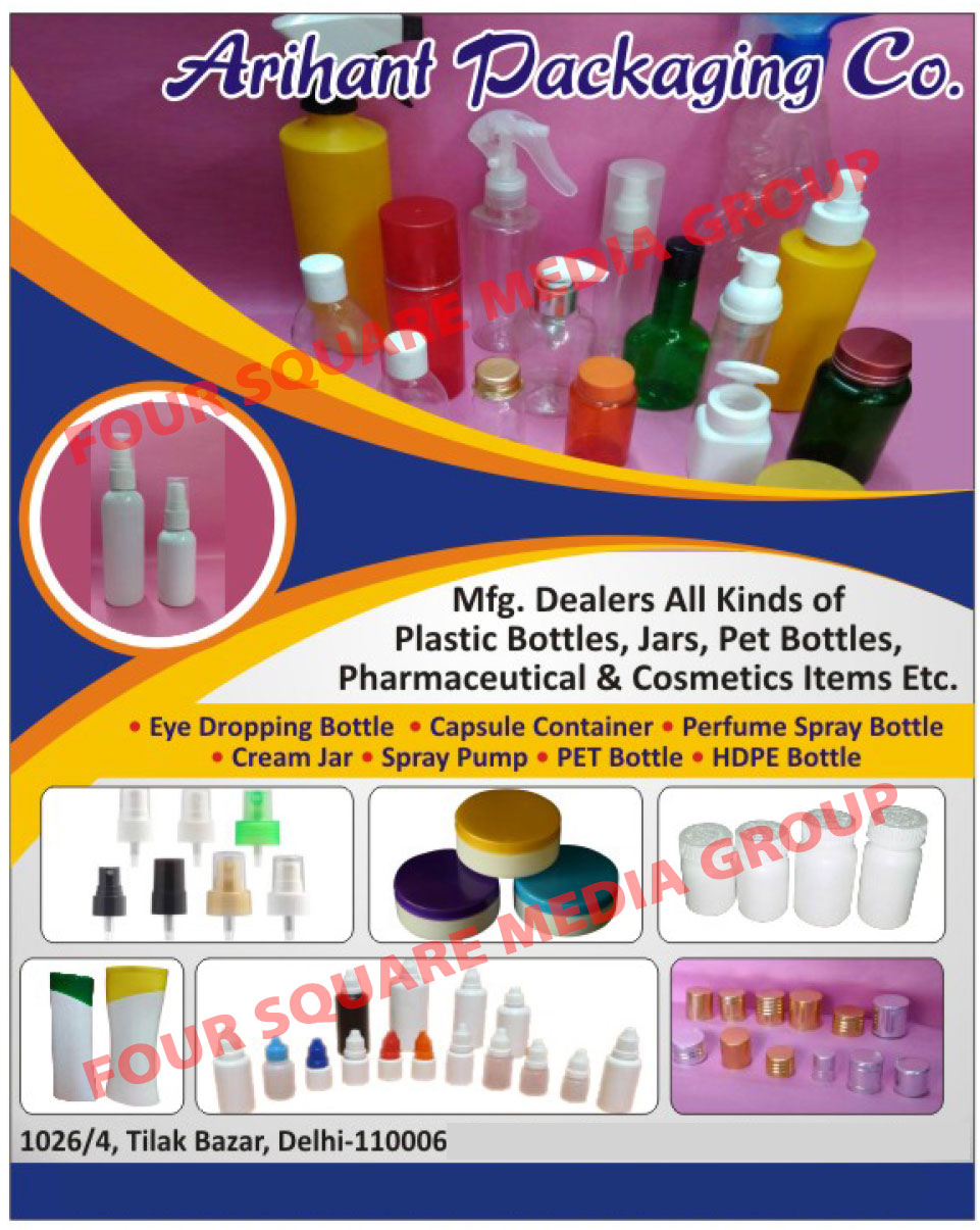 Plastic Bottles, Jars, Pet Bottles, Pharmaceutical Items, Cosmetics Items, Eye Dropping Bottles, Capsule Containers, Perfume Spray Bottles, Cream Jars, Spray Pumps, PET Bottles, HDPE Bottles