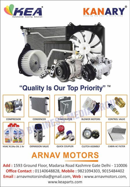 Automotive Cooling Solutions, Compressors, Condencers, Evaporators, Blower Motors, Control Valves, HVAC R134a Oils, Expansion Valves, Quick Couplers, Clutch Assemblies, Cabin AC Filters