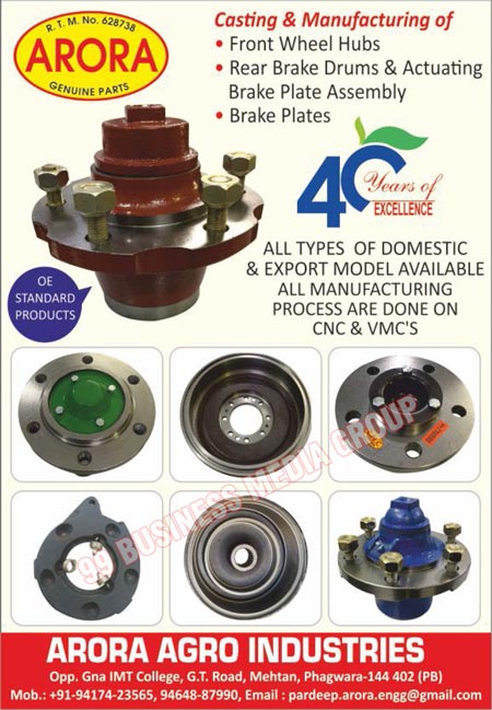 Front Wheel Hubs, Rear Brake Drums, Rear Brake Actuatings, Brake Plates, Brake Plates Assemblies