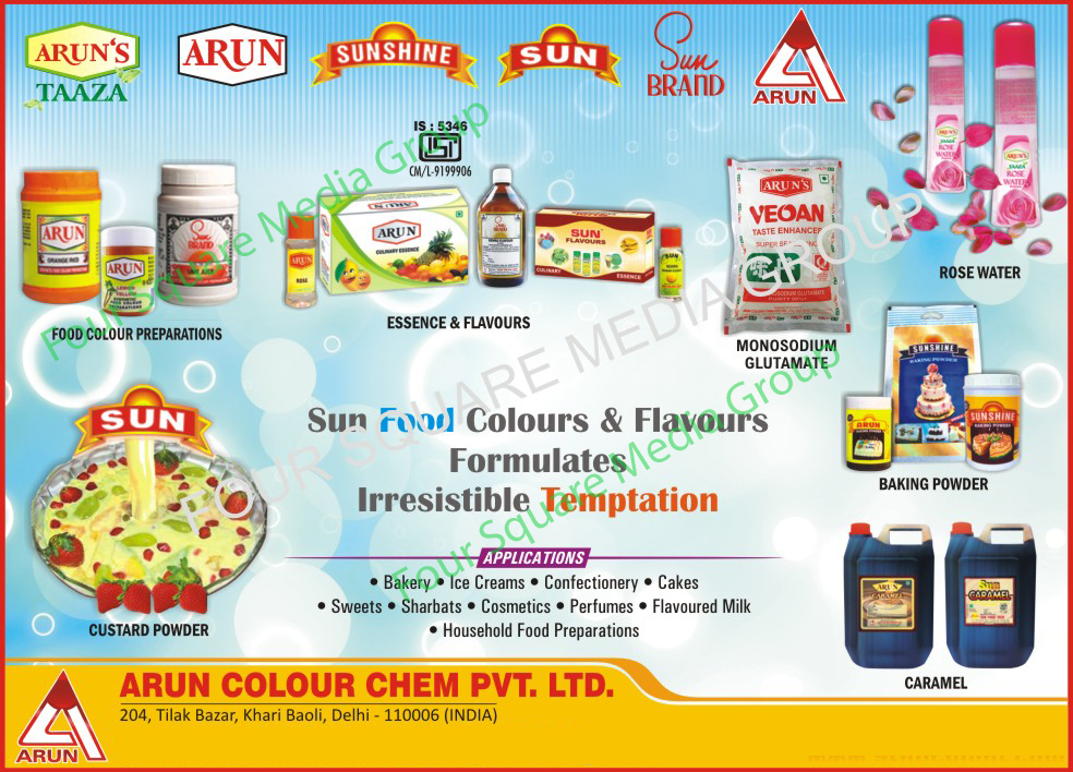 Food Colour Preparations, Food Essences, Food Flavours, Monosodium Glutamate, Rose Water, Baking Powder, Caramel, Custard Powder