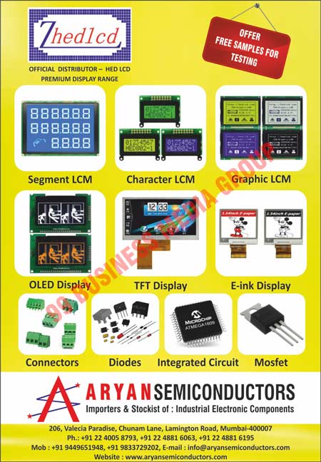 Industrial Electronic Components, Segment LCMs, Character LCMs, Graphic LCMs, OLED Displays, TFT Displays, E-ink Displays, Connectors, Diodes, Integrated Circuits, Mosfets