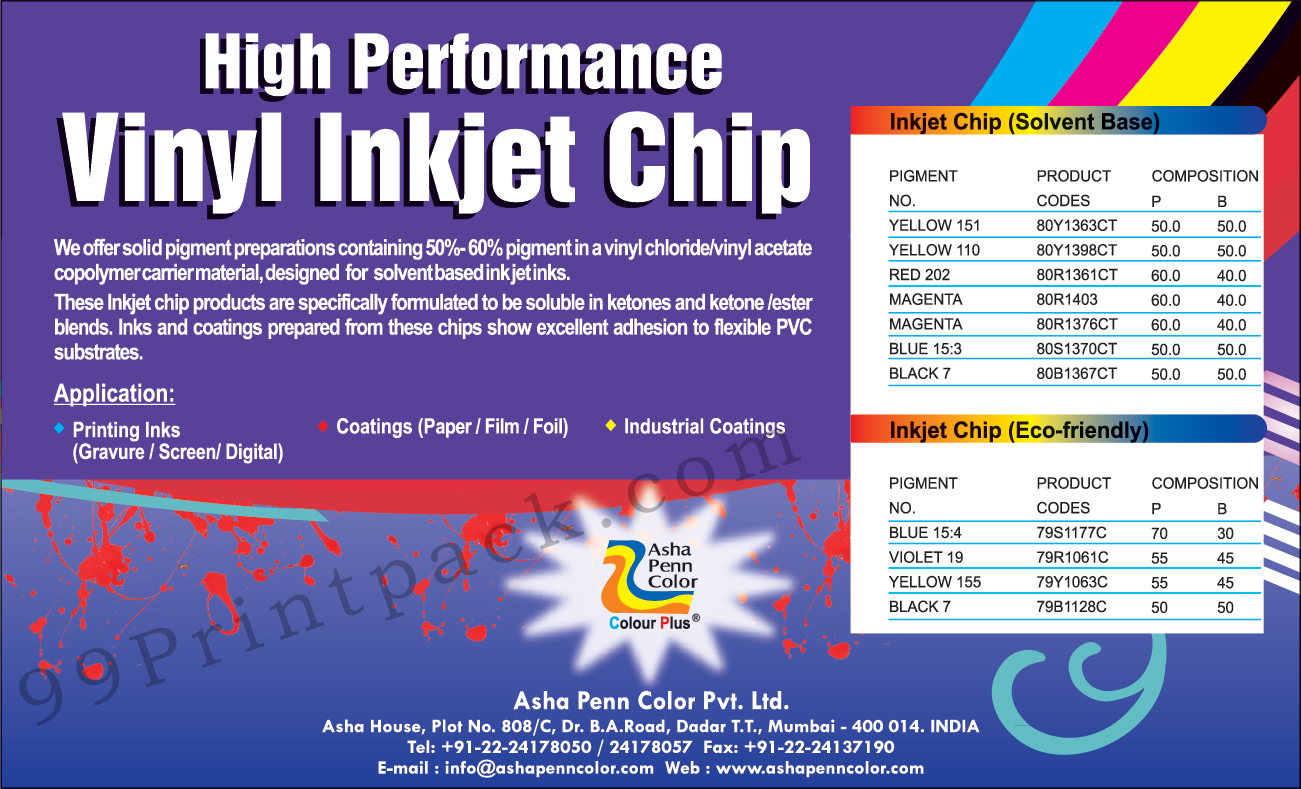 Inkjet Chip, Pigment Dispersions Inks, Pigment Dispersions Coatings, Pigment Dispersions Cosmetics, Pigment Dispersions Leather, Flexible Packaging, Color Dispersions, Color Concentrates, Solvent Base Inkjet Chip, Eco Friendly Inkjet Chip, Inkjet Chip, Colour Concentrates, Colour Dispersions