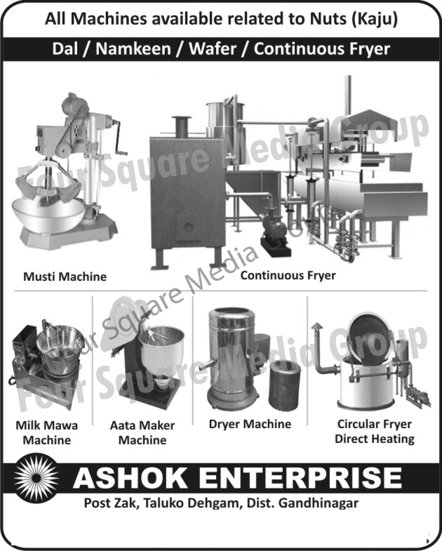 Musti Machines, Continuous Fryers, Milk Mawa Machines, Aata Maker Machines, Dryer Machines, Circular Fryer Direct Heating, Dal Fryers , Wafer Fryers, Continuous Fryers, Namkeen Fryers, Kaju Machines, Cashew Machines