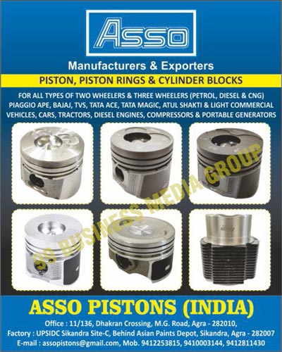 Two Wheeler Pistons, 2 Wheeler Pistons, Three Wheeler Pistons, 3 Wheeler Pistons like, Bajaj Three Wheeler Pistons, Ape Three Wheeler Pistons, Four Wheeler Pistons, 4 Wheeler Pistons, Tractor Pistons, Compressor Pistons, Portable Generator Pistons, Piston Rings, Cylinder Blocks, Automotive Pistons, Automotive Piston Rings, Automotive Cylinder Blocks, Light Commercial Vehicles, Car Engines, Tractor Engines, Deisel Engines, Compressor Generators, Portable Generators