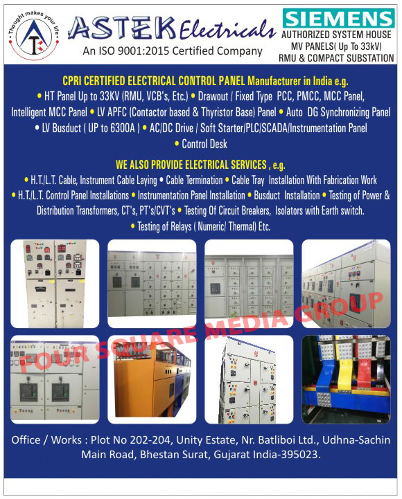 Electrical Control Panels, HT Panels, PCC Panels, PMCC Panels, MCC Panels, LV APFC Panels, Contractor Based Panels, Thyristor Base Panels, Auto DG Synchronizing Panels, LV Busducts, AC Drives, DC Drives, Soft Starter Panels, PLC Panels, SCADA Panels, Instrumentation Panels, Control Desk, Electrical Services, HT Cable Laying Services, LT Cable Laying Services, Instrument Cable Laying Services, Cable Termination Services, Cable Tray Installation Services, HT Control Panel Installation Services, LT Control Panel Installation Services, Instrumentation Panel Installation Services, Busduct Installation Services, Power Transformer Testing Services, Distribution Transformer Testing Services, CT Services, PT Services, CVT Services, Circuit Breaker Testing Services, Isolator Testing Services, Relay Testing Services, Numeric Testing Services, Thermal Testing Services, MV Panels, RMU Substation, Compact Substation