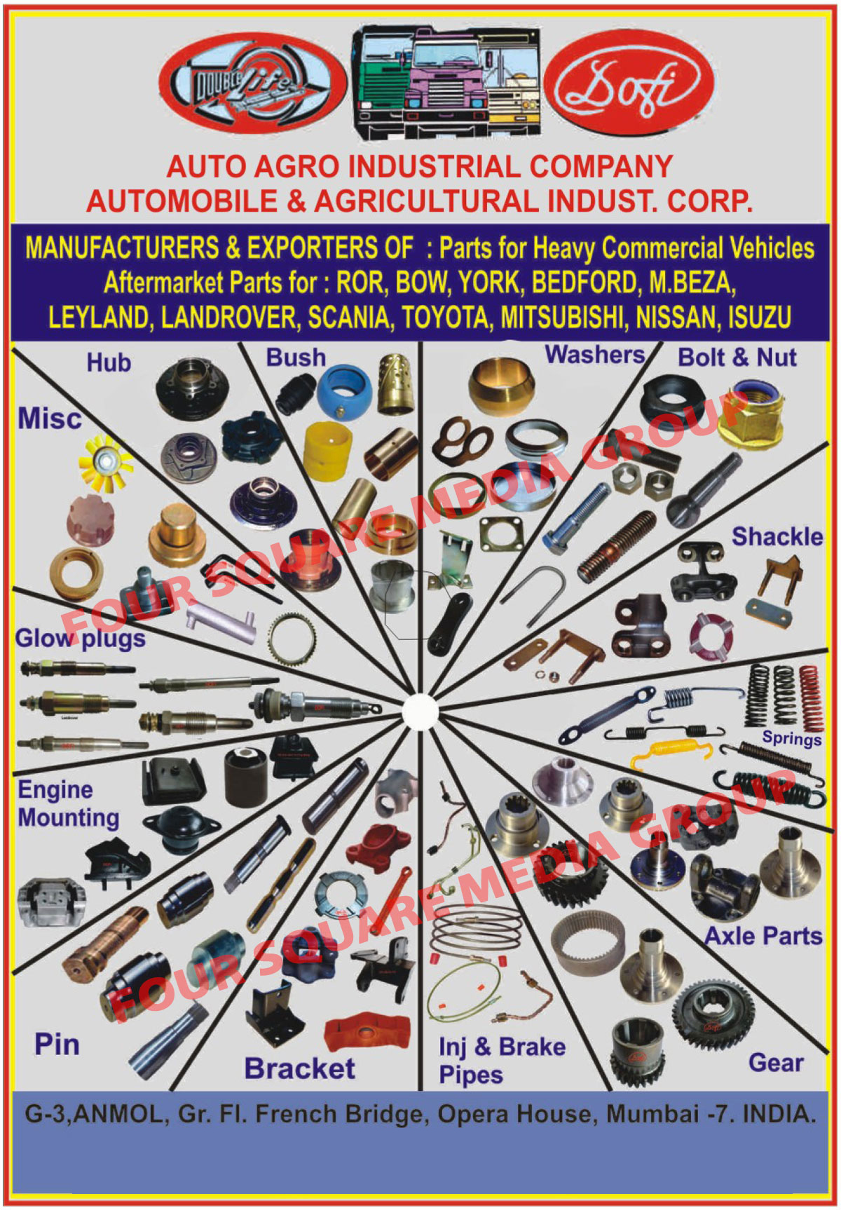 Heavy Commercial Vehicle Axle Parts, Heavy Commercial Vehicle Brackets, Heavy Commercial Vehicle Hubs, Heavy Commercial Vehicle Shackles, Heavy Commercial Vehicle Bushes, Heavy Commercial Vehicle Springs, Heavy Commercial Vehicle Pins, Axle Parts, Heavy Commercial Vehicle Parts, Hub, Shackle, Bush, Springs, Pins, Nut, Bolts, Washers, Hub Seals, Heavy Commercial Vehicle Glow Plugs, Heavy Commercial Vehicle Engine Mountings, Heavy Commercial Vehicle Injector Pipes, Heavy Commercial Vehicle Brake Pipes, Heavy Commercial Vehicle Gears, Heavy Commercial Vehicle Spare Parts