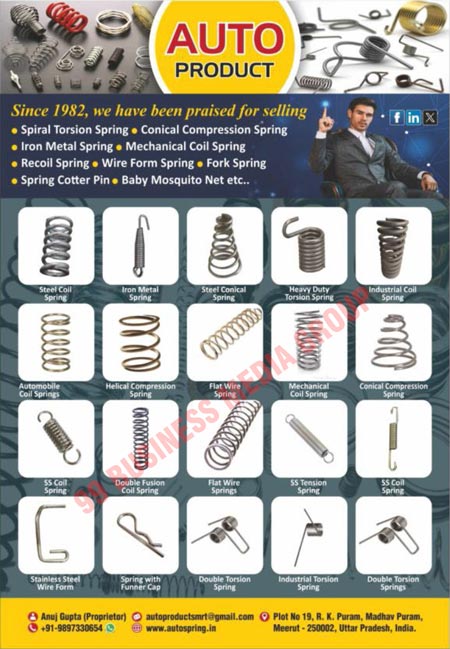 Automotive Springs, Springs, Spiral Torsion Springs, Conical Compression Springs, Iron Metal Springs, Mechanical Coil Springs, Recoil Springs, Wire Form Springs, Fork Springs, Spring Cotter Pins, Baby Mosquito Nets, Steel Coil Springs, Steel Conical Springs, Heavy Duty Torsion Springs, Industrial Coil Springs, Automobile Coil Springs, Helical Compression Springs, Flat Wire Springs, SS Coil Springs, Double Fusion Coil Springs, SS Tension Springs, Stainless Steel Wire Forms, Double Torsion Springs, Industrial Torsion Springs