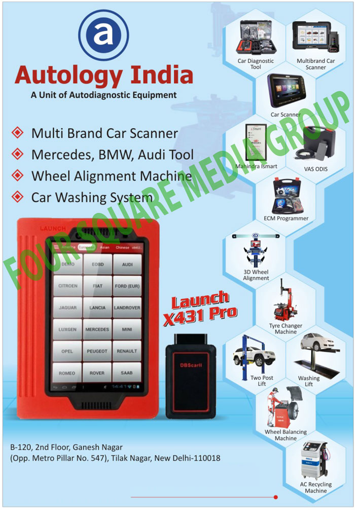 Car Diagnostic Tools, Car Scanners, Vas Odis, Ecm Programmers, 3d Wheel Alignments, Tyre Changer Machines, Two Post Lifts, Washing Lifts, Wheel Balancing Machines, Ac Recycling Machines, Car Washing Systems