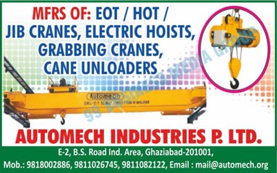 Eot Cranes, Hot Cranes, Jib Cranes, Electric Hoists, Grabbing Cranes, Cane Unloaders