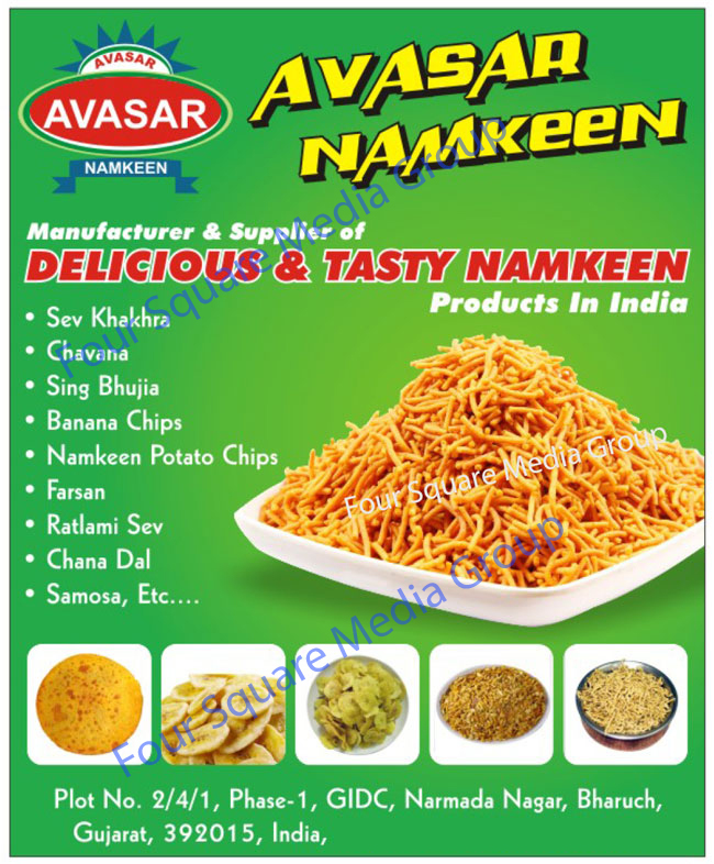 Namkeen, Sev Khakhra, Chavana, Sing Bhujia, Banana Chips, Namkeen Potato Chips, Farsan, Ratlami Sev, Chana Dal, Samosa