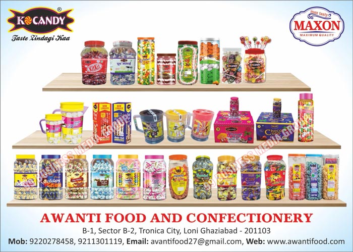 Confectionery Items, Toffees, Choco Cream Rolls, Milk Eclairs Candies, Chanda Mama Orange Candies, Mint Candies, Nimbu Candies, Nariyal Toffees, Kaju Butter Candies, Coconut Laddus, Smily Balls, Milk Ice Cream Coconut Peda, Smily Ball Toffees, Masala Fruit Balls, Kostix Crunchy Rolls, Wafer Cream Rolls, Milk Eclairs Candies, Tamarind Balls, Pachak Imli Balls, Rajma Masala Fruit Balls